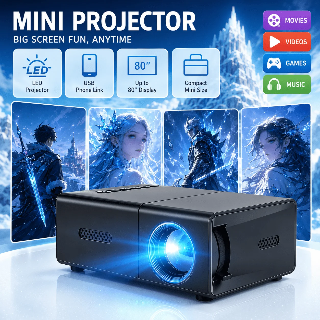 Retro Gaming Projector - ミニポータブルプロジェクター、ホームシアターやゲームに対応、USB電源のLCDマイクロプロジェクター、ネイティブ解像度240P/1080P