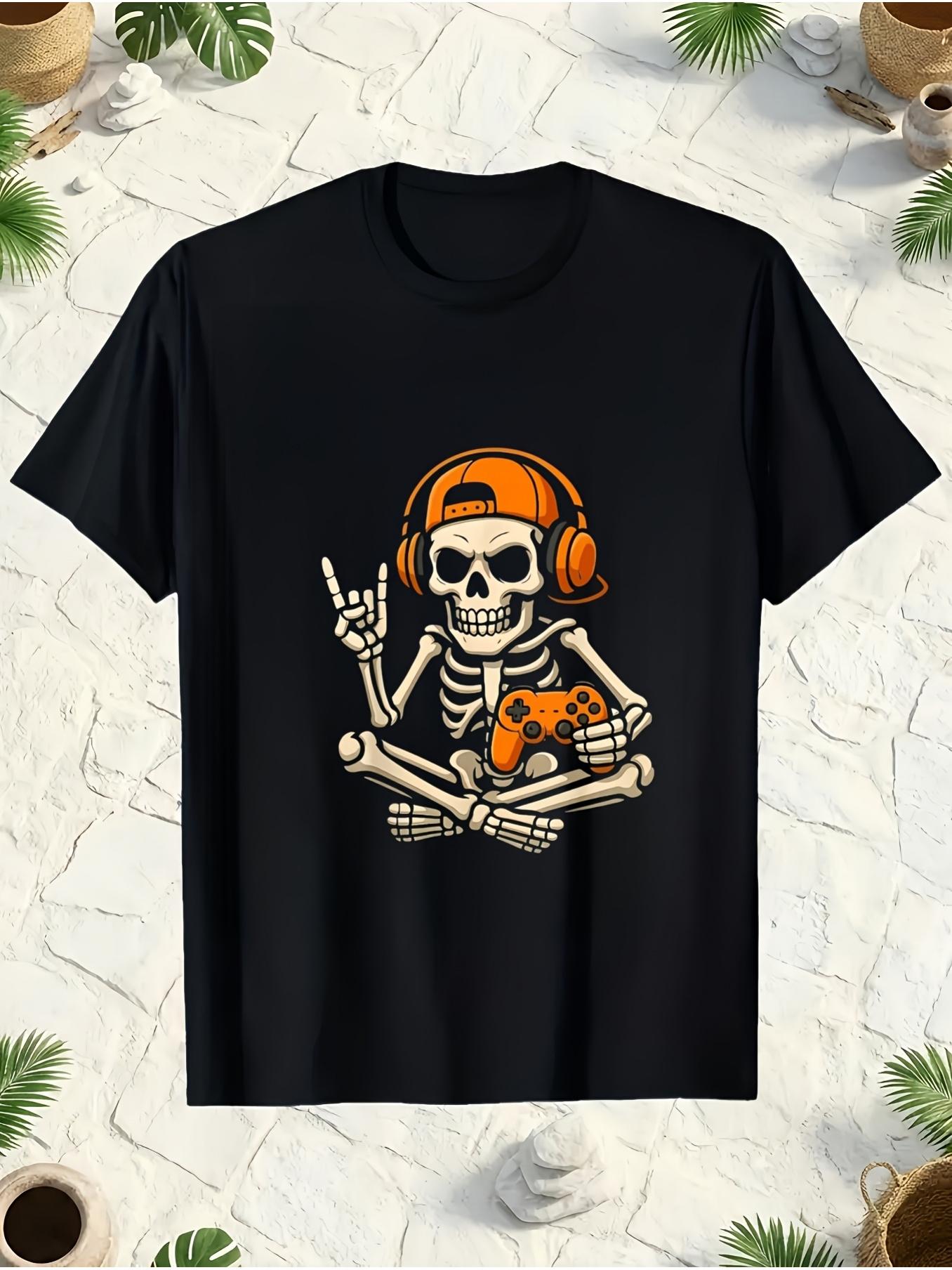 Retro Gaming Events - メンズビデオゲームスカルプリントTシャツ - レトロゲーミングTシャツ、夏のカジュアルウェアに最適、洗濯機で洗えるラウンドネック半袖シャツ、象徴的なスカルとコントローラーのデザイン、普段使いやテーマイベントに最適