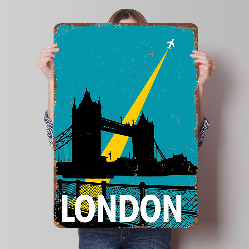 Retro Gaming London - ロンドン旅行タワーブリッジ付きメタルポスターカスタムウォールアートレトロヴィンテージブリキ看板男性用洞窟寝室装飾ゲーム用