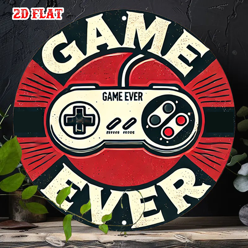 Retro Gaming Vibe - 2Dフラット1ピースレトロゲームラウンドアルミサイン、コントローラーデザインメタルサイン - ゲームエバーラスティックメタルウォールアート、楽しい雰囲気