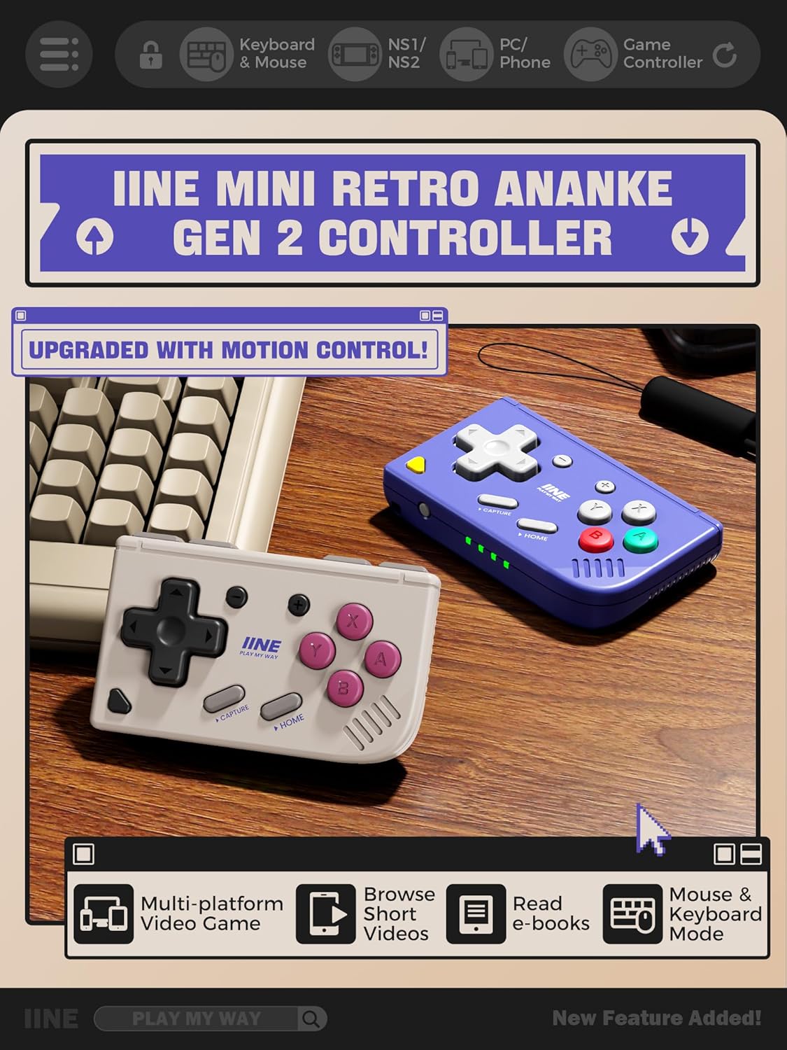 Retro Gaming Keychain - ミニレトロゲームコントローラー、キーチェーンデザインのポケットサイズワイヤレスミニゲームコントローラー、ゲーム用ポータブルトラベルコントローラー